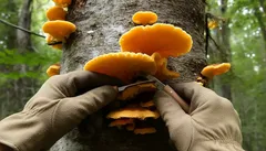 Sběr hub na kmeni stromu v lese, oranžové houby, rukavice, příroda v Česku